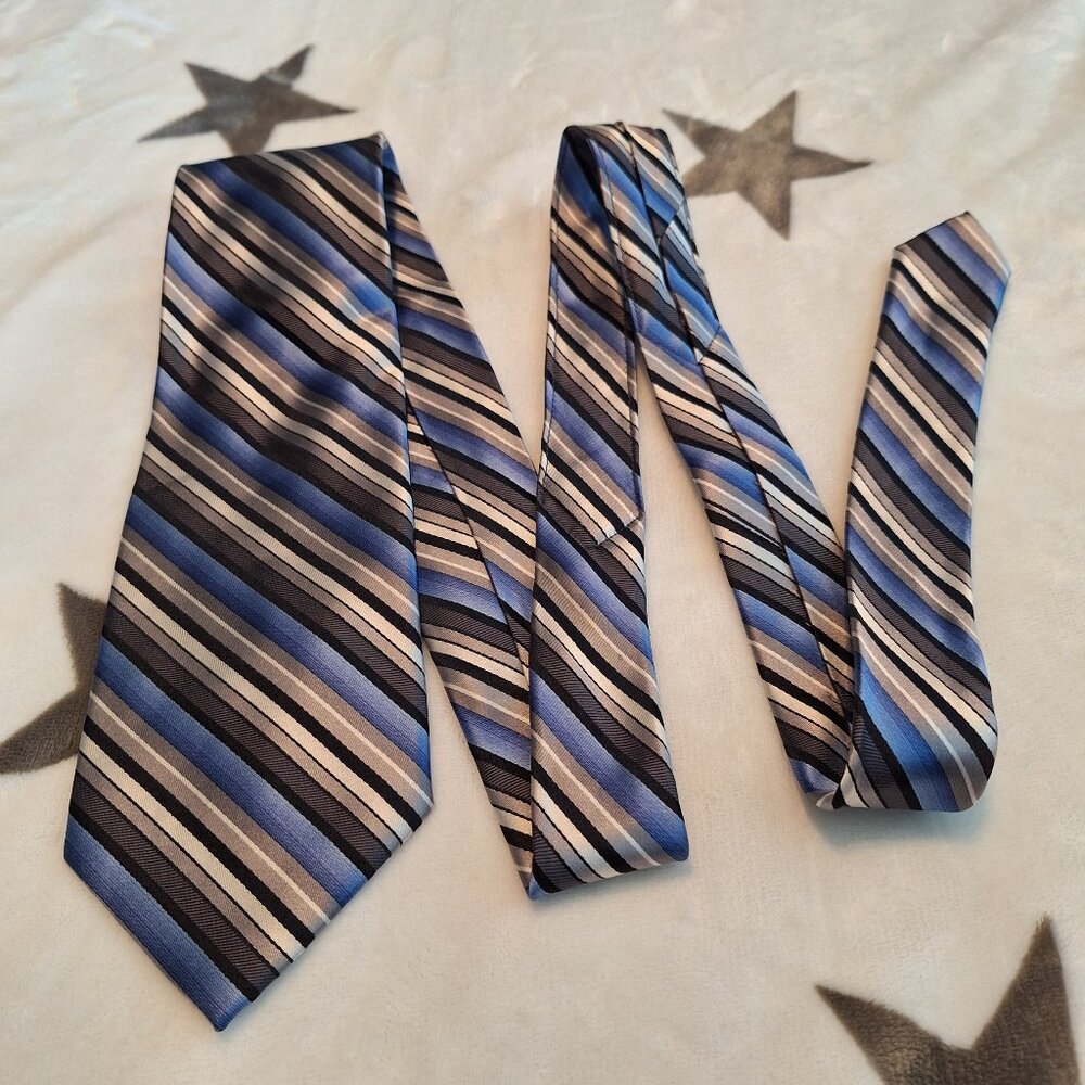 Pronto Uomo Mens Neck Tie 100% Silk Hand Made Blue/Gray Striped Formal Business‎